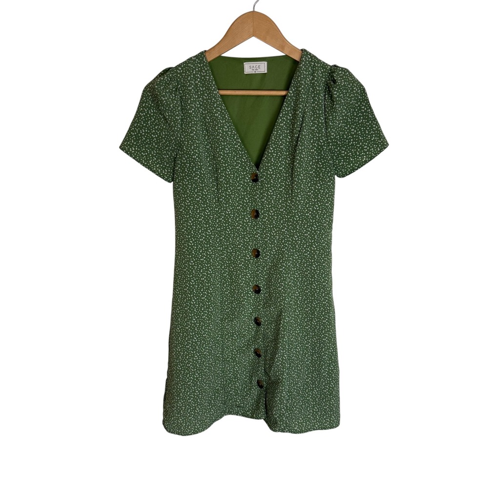 Sage The Label Green Polka Dot Button Front Mini Dress‎ V-Neck Puff Sleeve XS